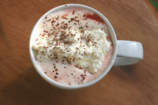 red velvet hot chocolate with cream cheese whipped cream