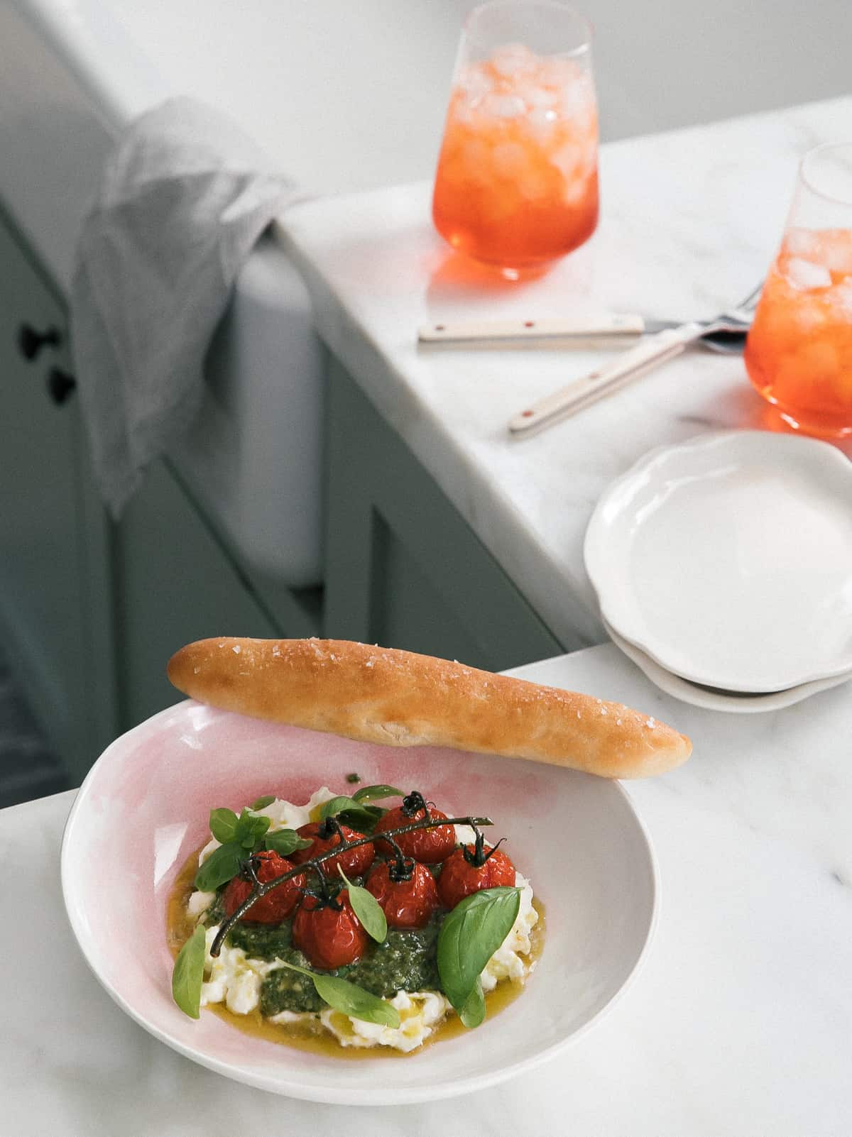 Bowl of Caprese Sald with Breadstick