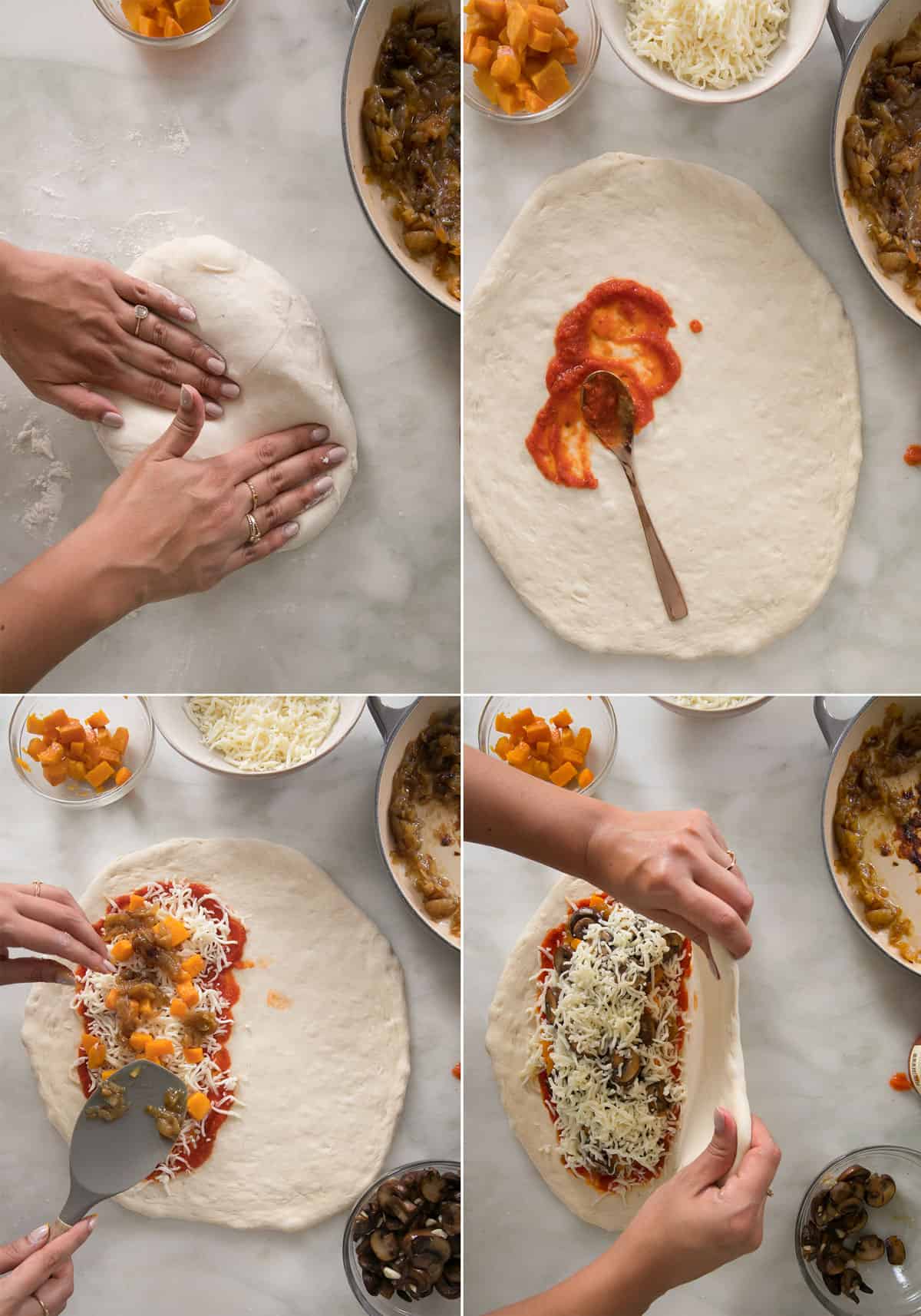 Steps on how to fill a calzone. 