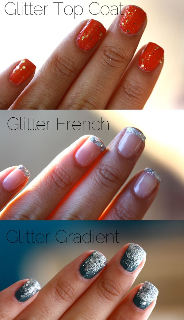 glitter nails, three ways