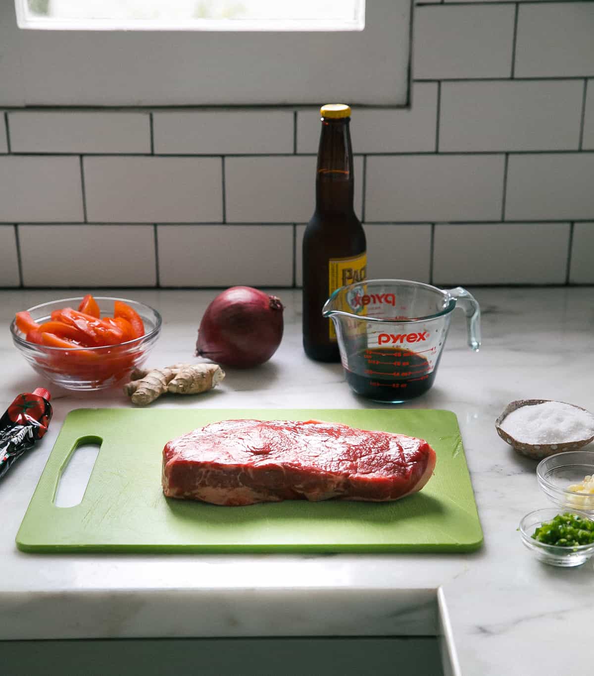 Ingredients for Lomo Saltado. 