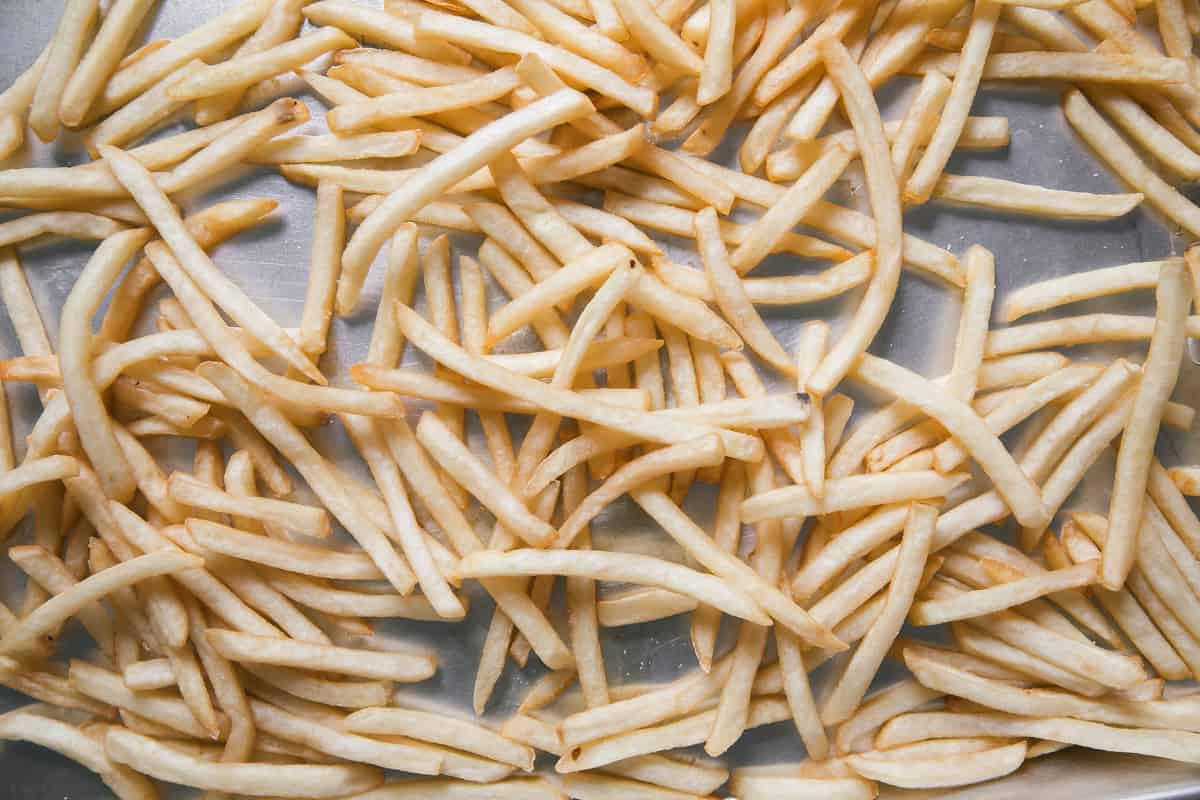 Fries on a baking sheet. 