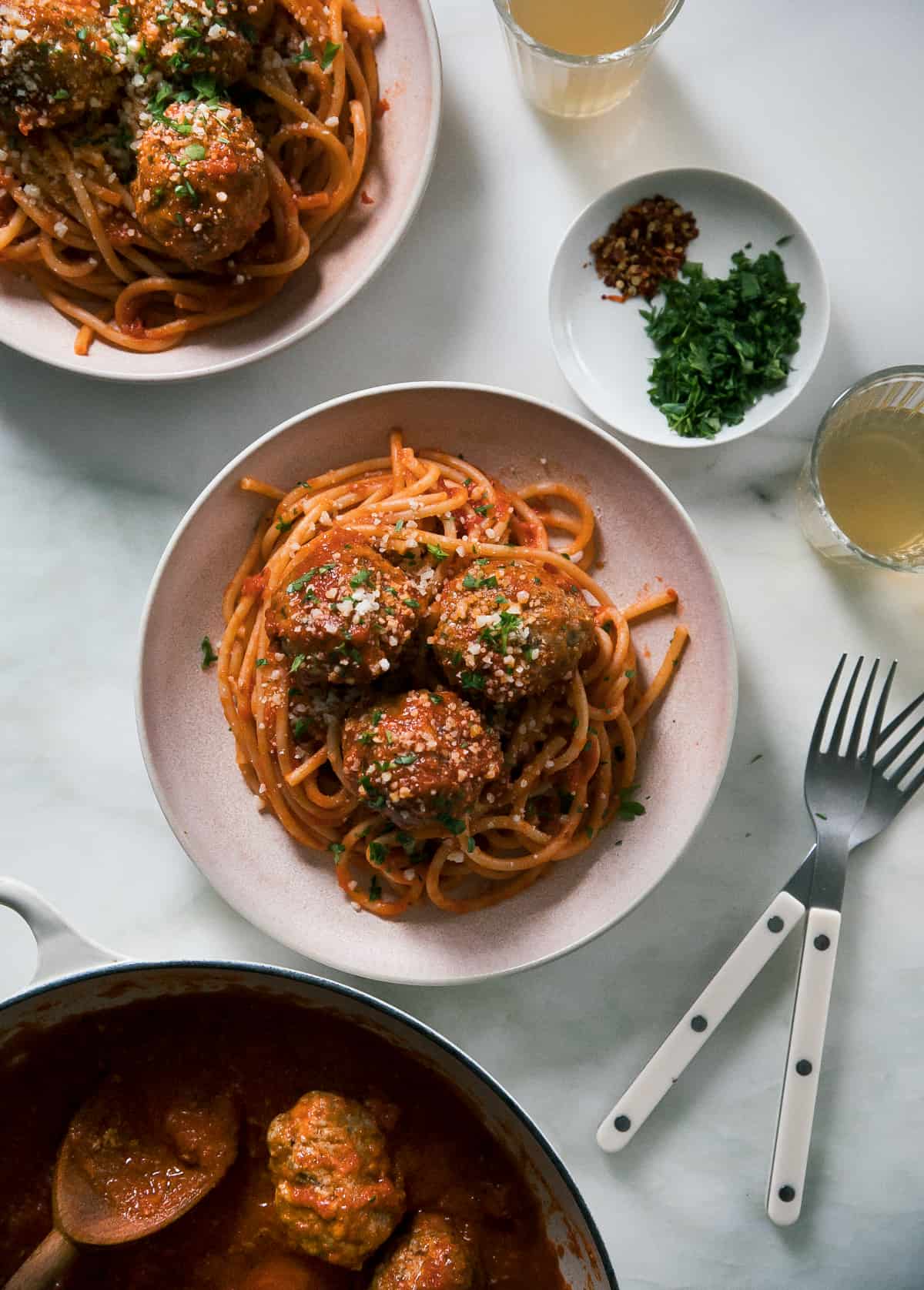 Spaghetti and Meatballs in bowls. 