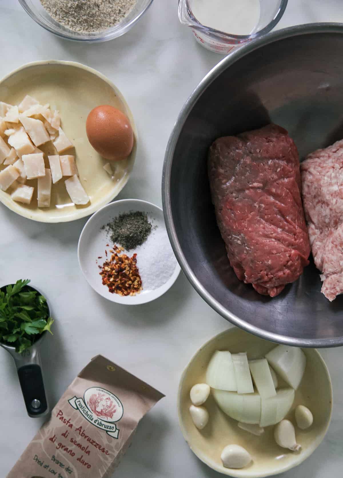 Ingredients for Spaghetti and Meatballs. 