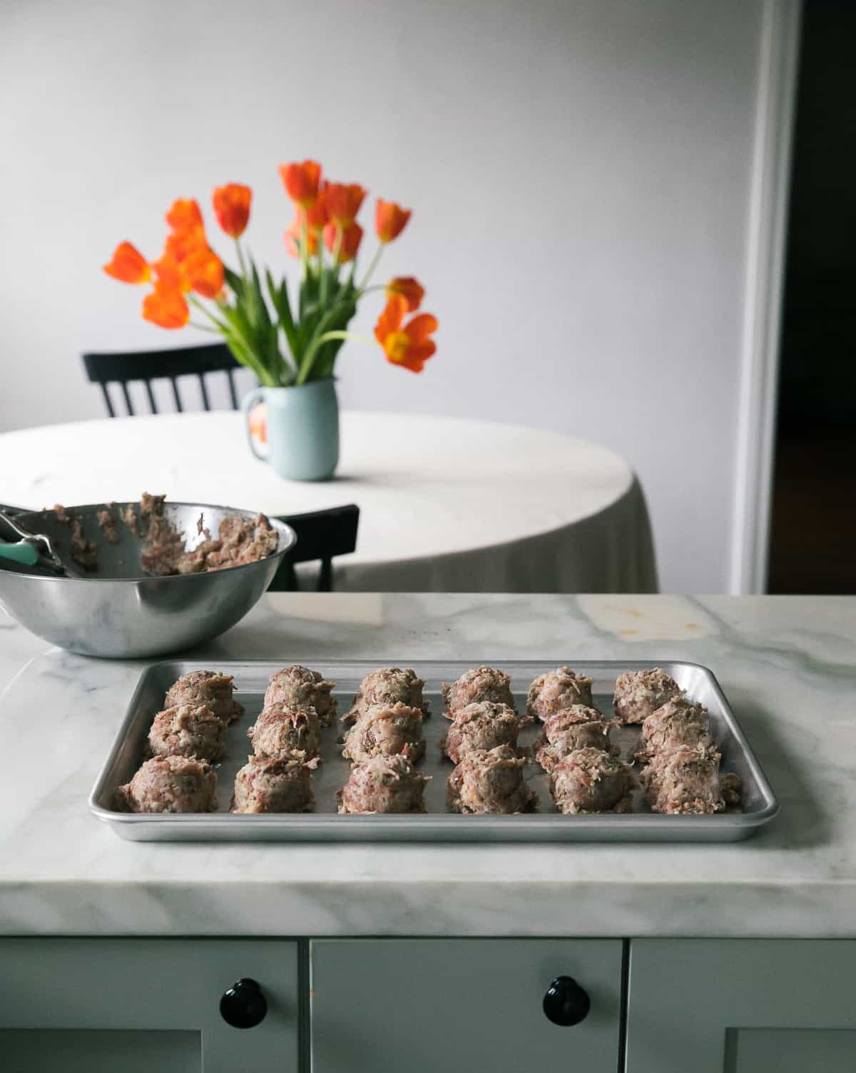 Meatballs that are raw right before baking. 