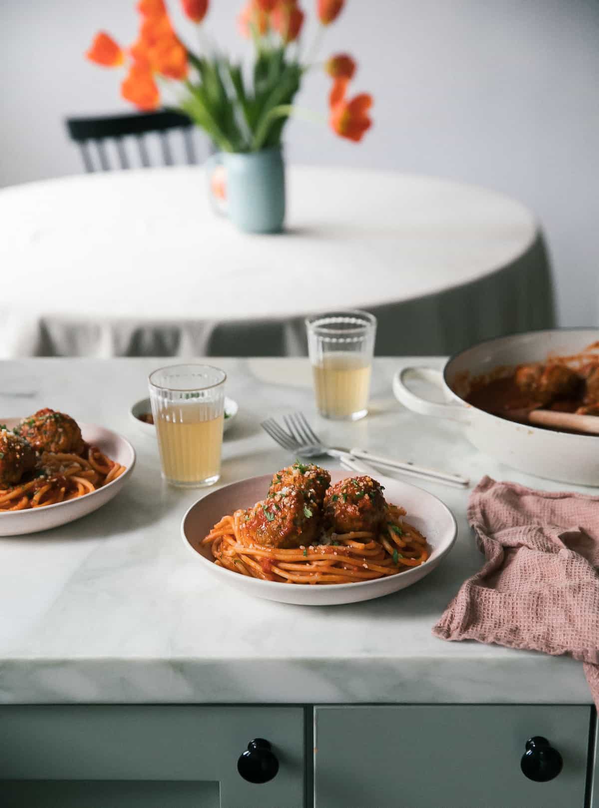 Spaghetti and Meatballs in bowls. 