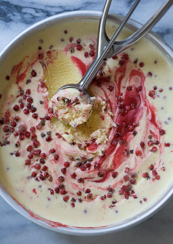 Strawberry Swirl Buttermilk Ice Cream with Candied Pink Peppercorns