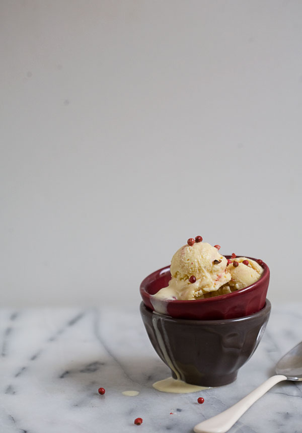 Strawberry Swirl Buttermilk Ice Cream with Candied Peppercorns