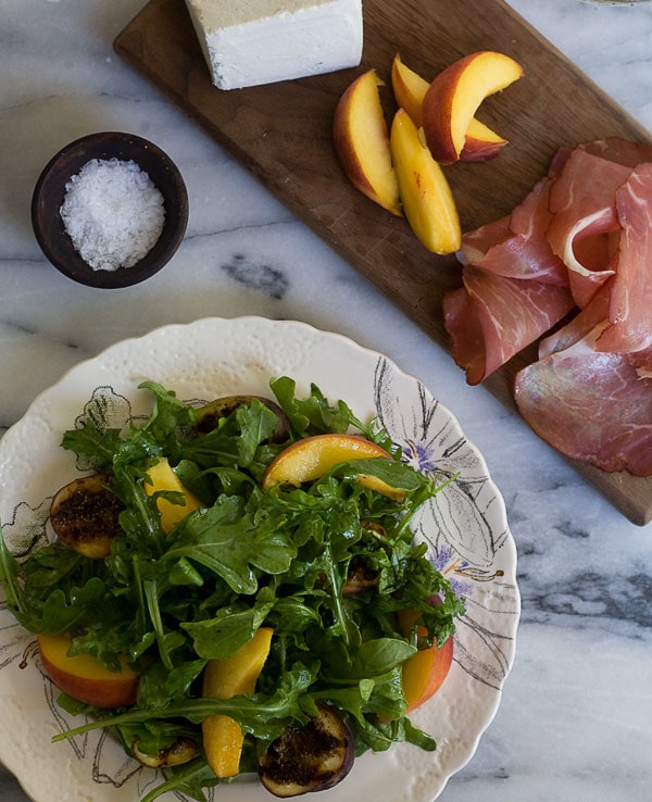 Dinner for One: Grilled Fig and Peach Arugula Salad with Ricotta Salata and Prosciutto // www.acozykitchen.com