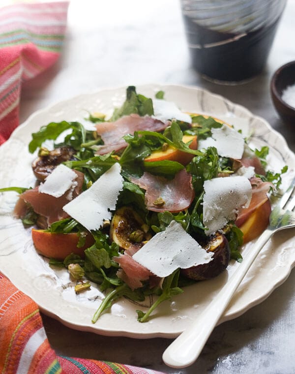Dinner for One: Grilled Fig and Peach Arugula Salad with Ricotta Salata and Prosciutto // www.acozykitchen.com