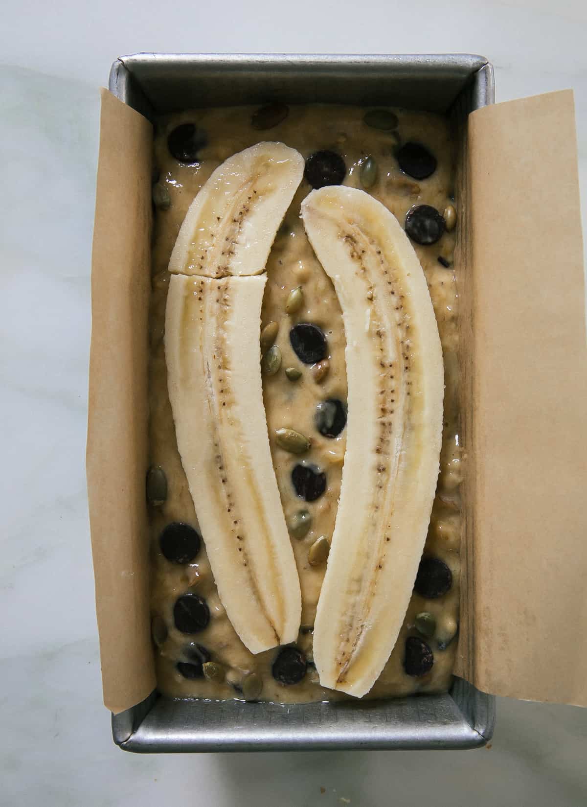 Banana Bread in loaf pan before it bakes. 