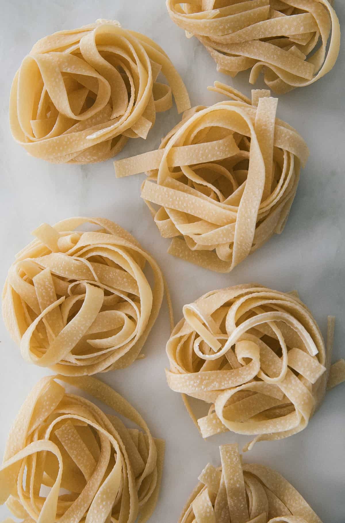 Dried pasta on counter. 