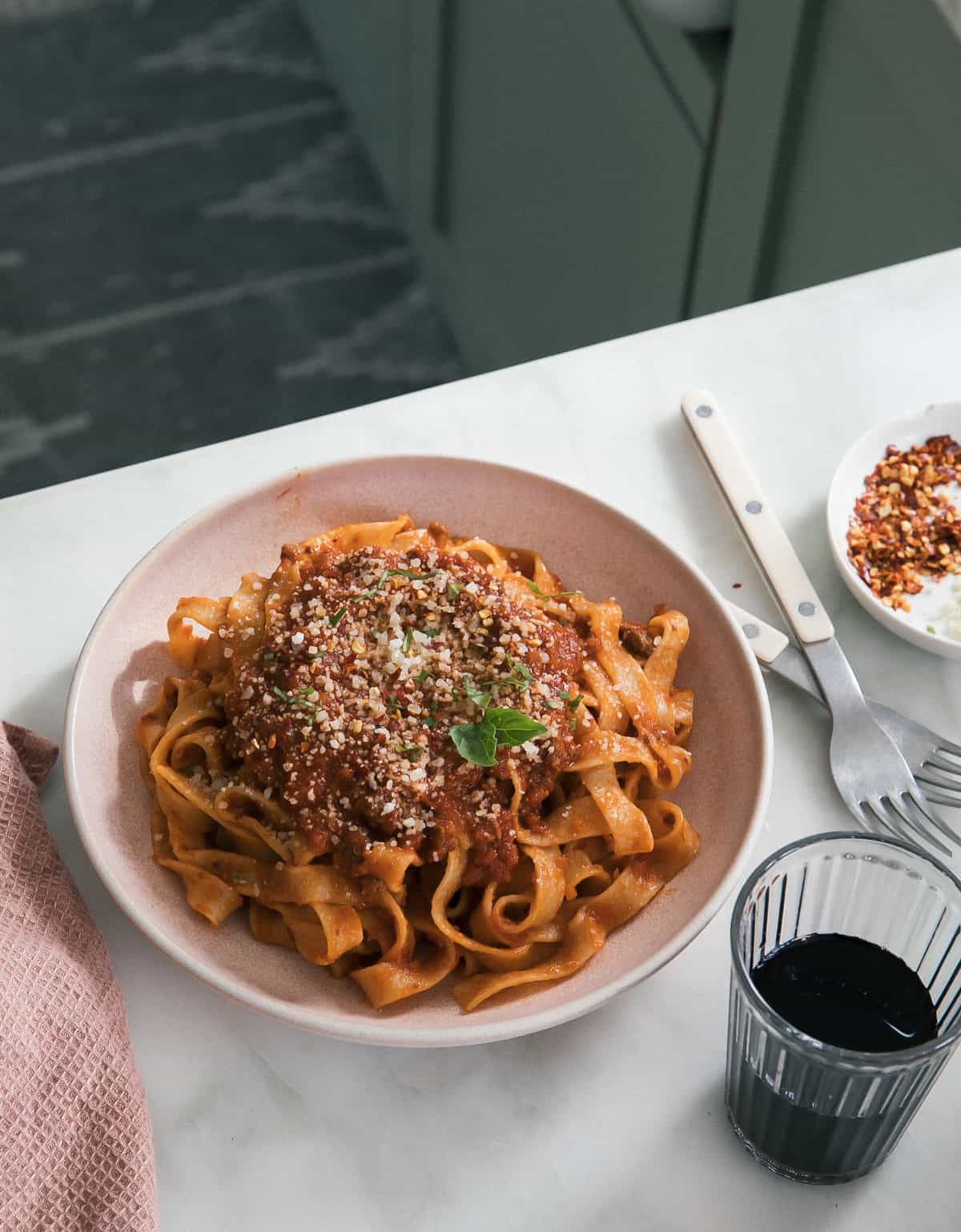 Lamb Bolognese in bowl. 