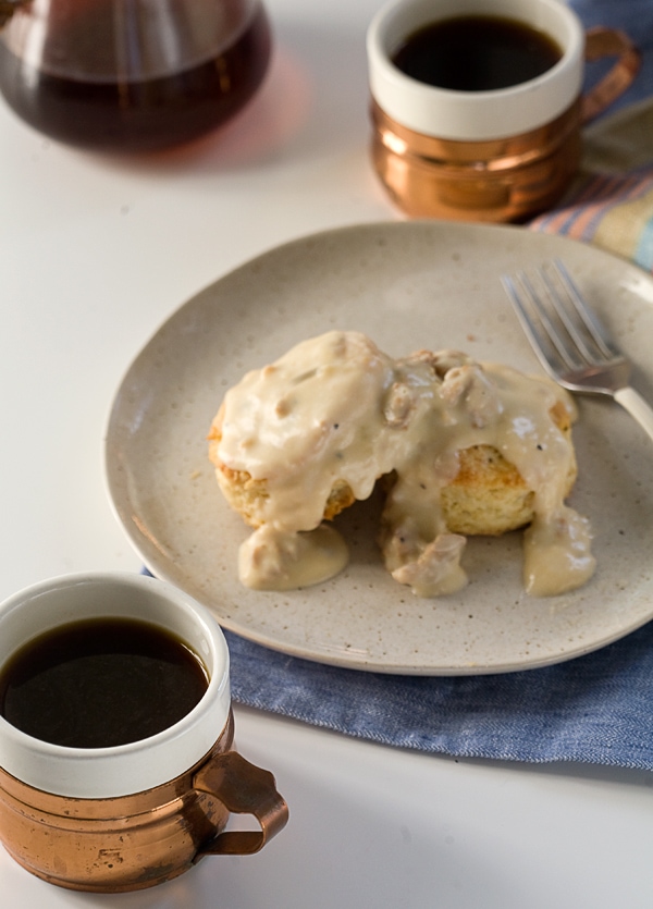 Spicy Sausage Country Gravy with Buttermilk Biscuits // www.acozykitchen.com