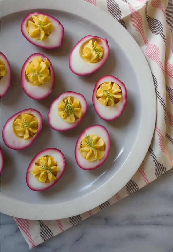 Beet Pickled Deviled Eggs on a plate.