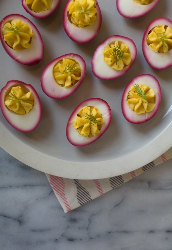 Beet Pickled Deviled Eggs on a plate.