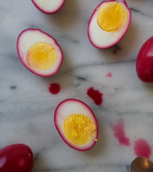 Deviled eggs after they're pickled. 