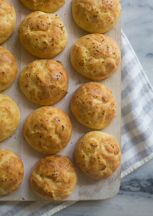 French Gougeres on a cutting board. 