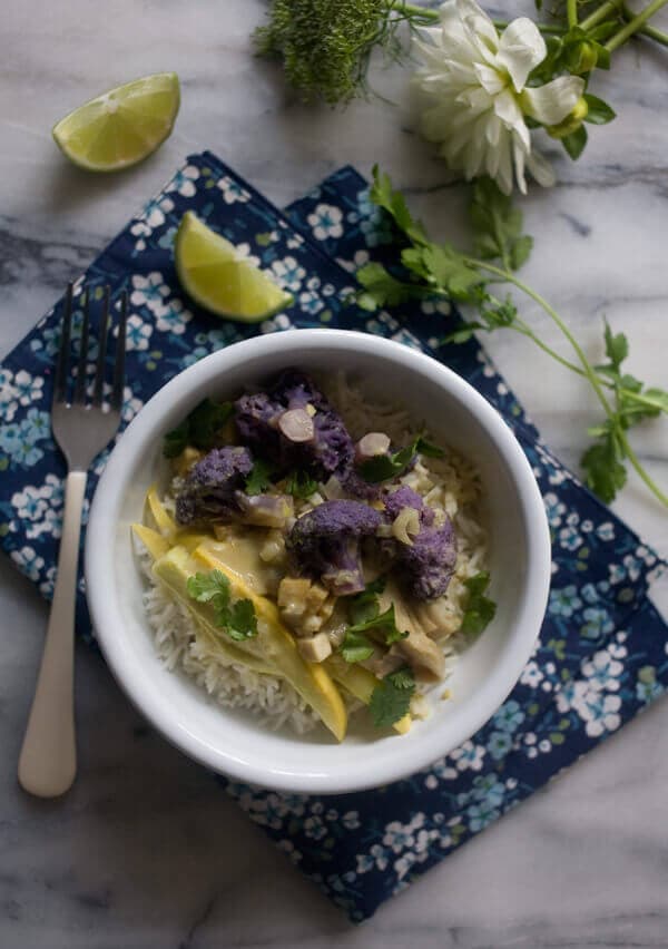 Winter Vegetable Green Curry in a bowl with rice. 