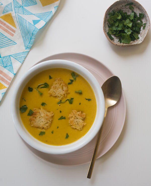 Carrot Coconut Soup w/ Fried Rice Croutons // www.acozykitchen.com