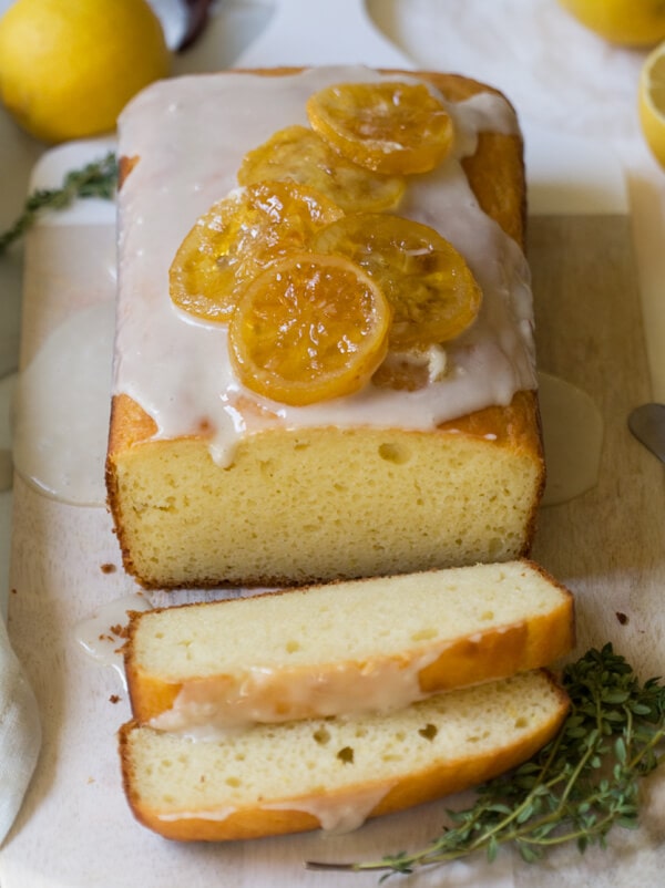 Lemon Yogurt Pound Cake on cutting board. 