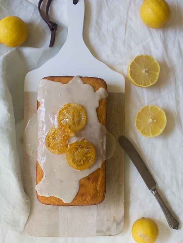 Lemon Yogurt Pound Cake on cutting board. 