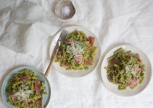 Arugula Goat Cheese Pasta with Fava Beans with Prosciutto // www.acozykitchen.com