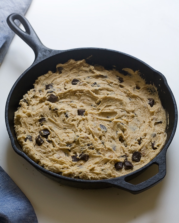 Cookie dough in skillet. 