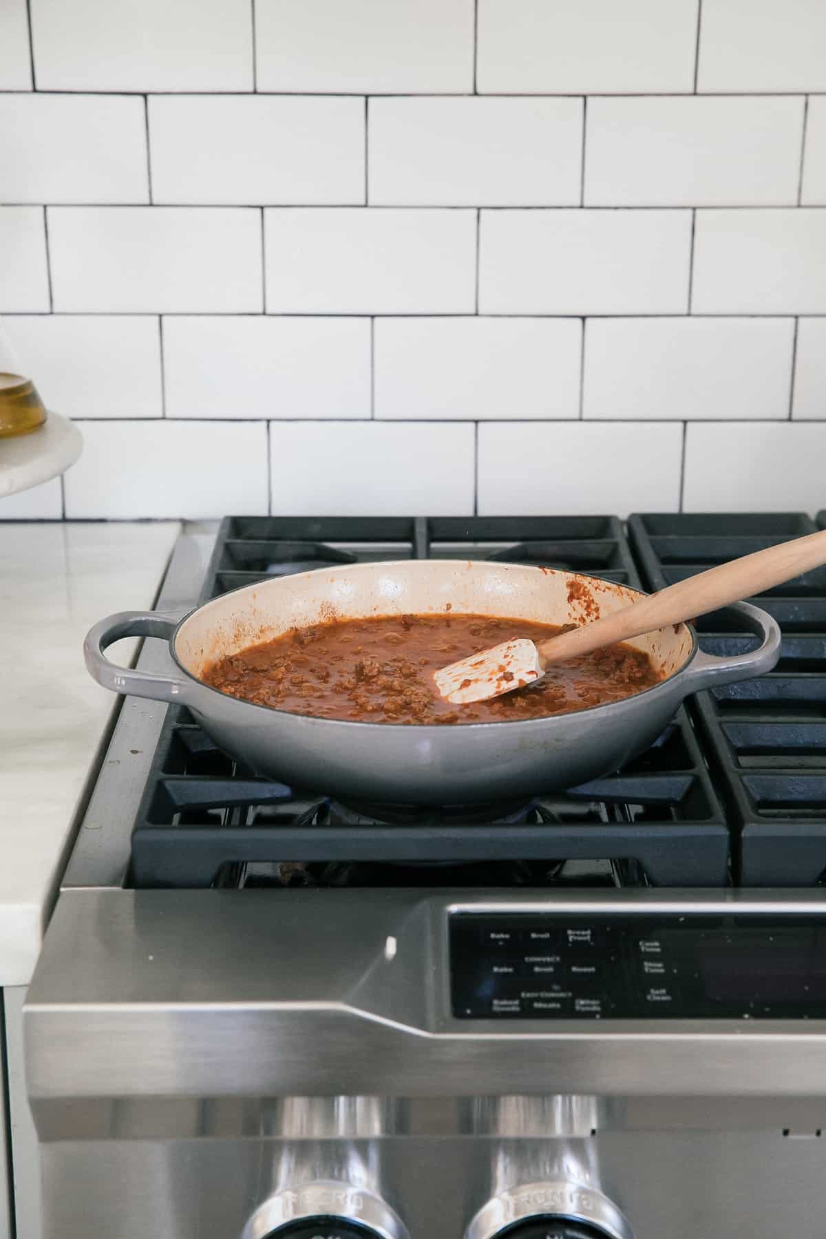 Chili simmering on the stove. 