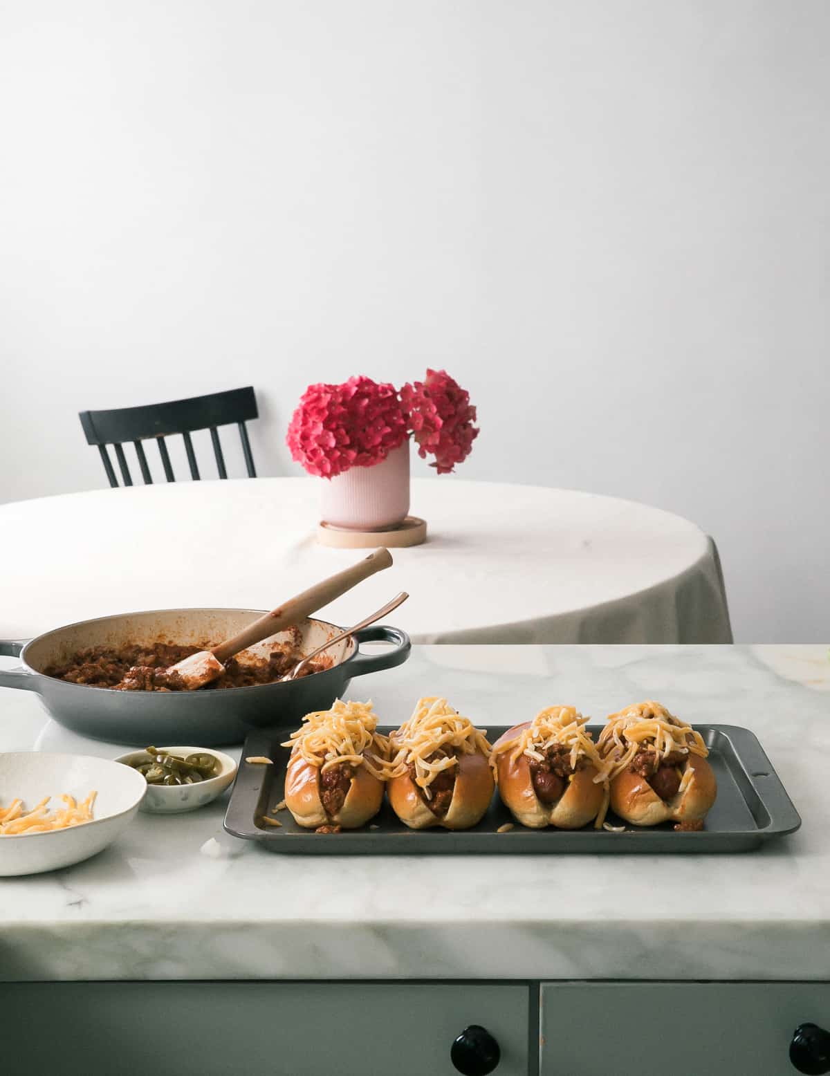 Chili Cheese Dogs on Baking Sheet