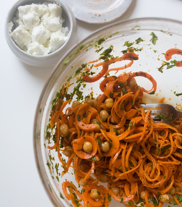 Moroccan Carrot Salad with Golden Raisins, Harissa and Goat Cheese 