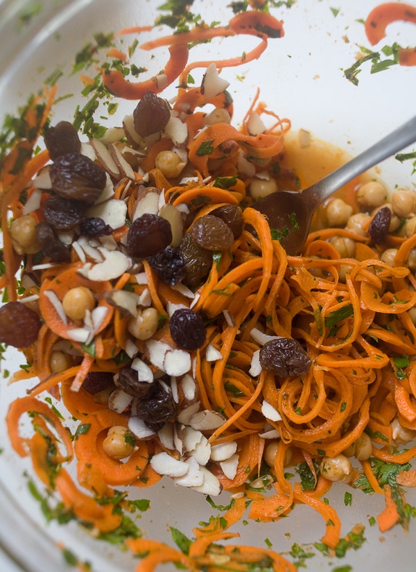 Moroccan Carrot Salad with Golden Raisins, Harissa and Goat Cheese 