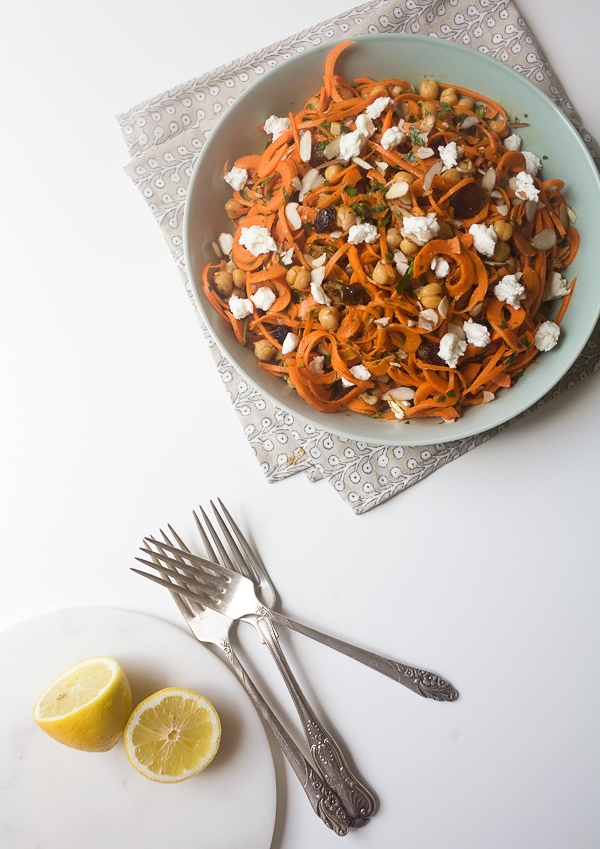 Moroccan Carrot Salad with Golden Raisins, Harissa and Goat Cheese 