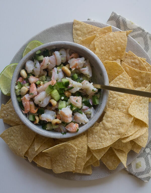 Shrimp Ceviche in bowl with chips. 