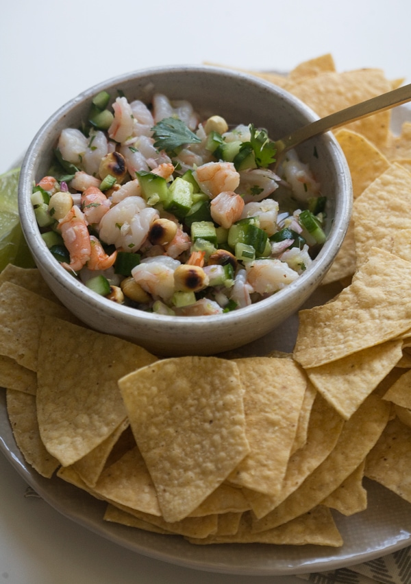 Spicy Shrimp Ceviche w/ Cucumbers and Burnt Peanuts // www.acozykitchen.com