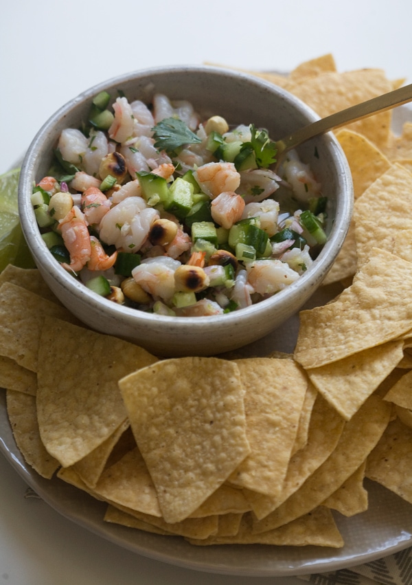 Shrimp Ceviche in bowl with chips. 