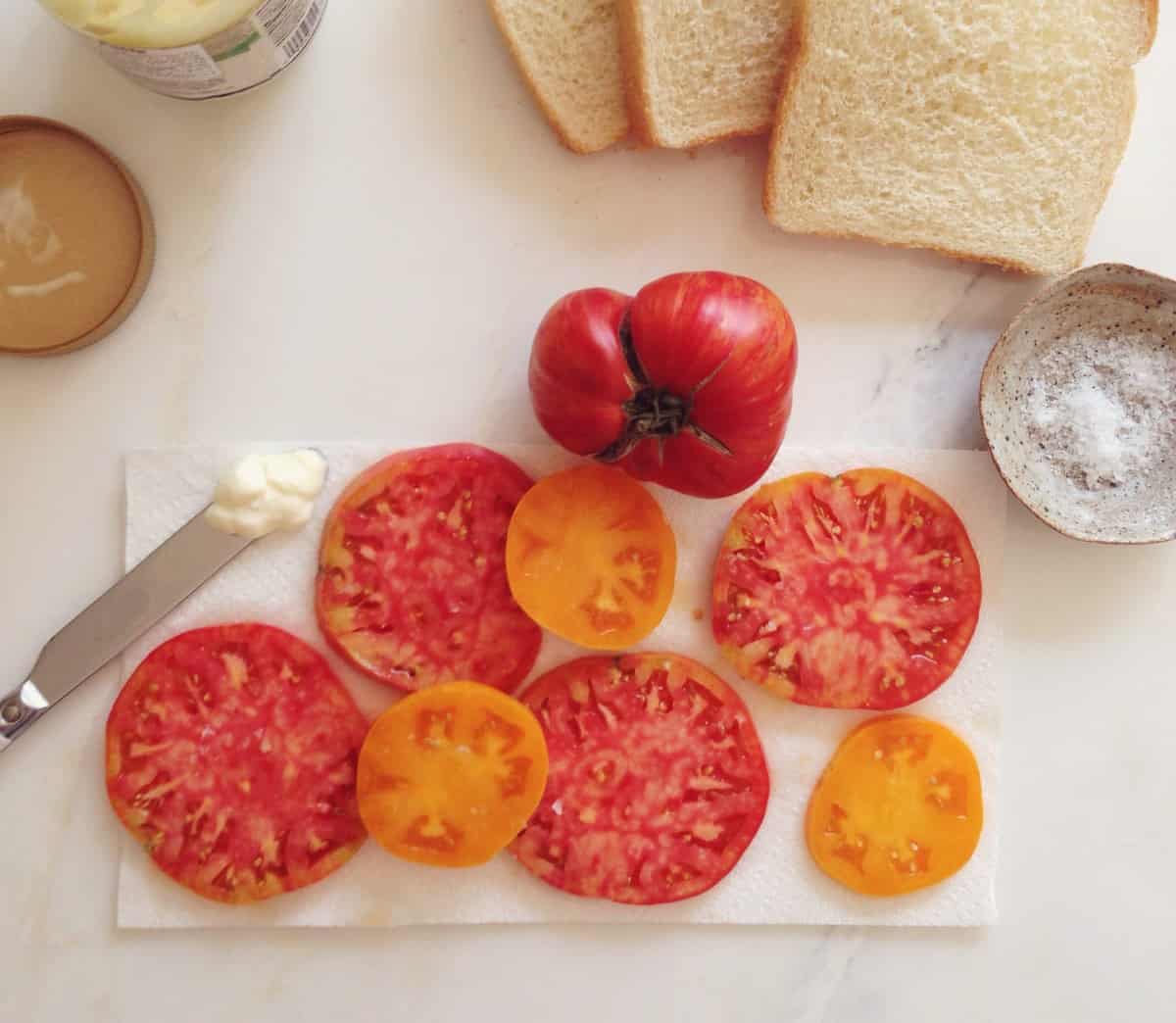 Ingredients for a Tomato Sandwich. 