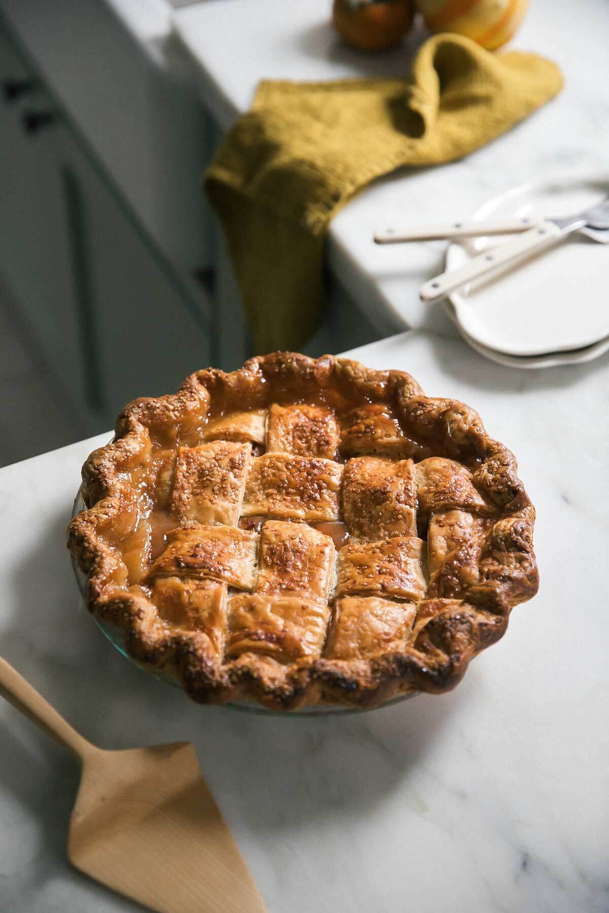 Homemade Apple Pie on counter. 