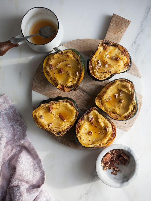 Twice-Baked Acorn Squash topped w/Maple Butter and Pecans | www.acozykitchen.com