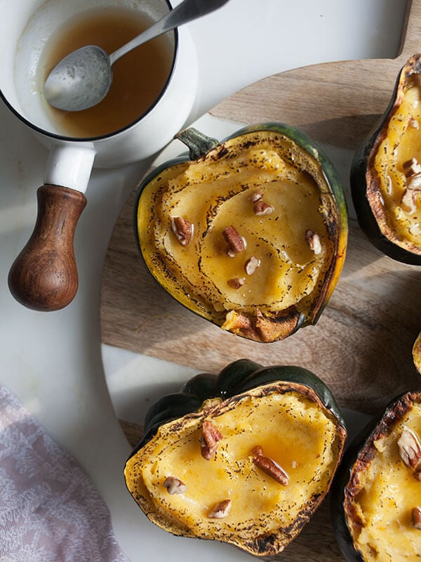 Twice-Baked Acorn Squash topped w/Maple Butter and Pecans | www.acozykitchen.com