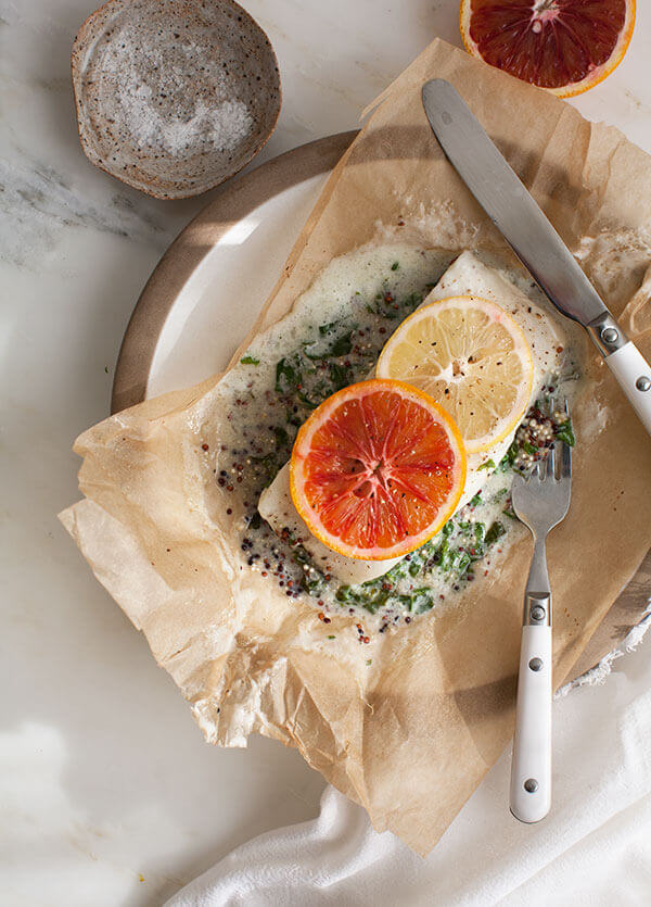 Halibut with Coconut Creamed Kale and Quinoa In a Papillote - A Cozy ...