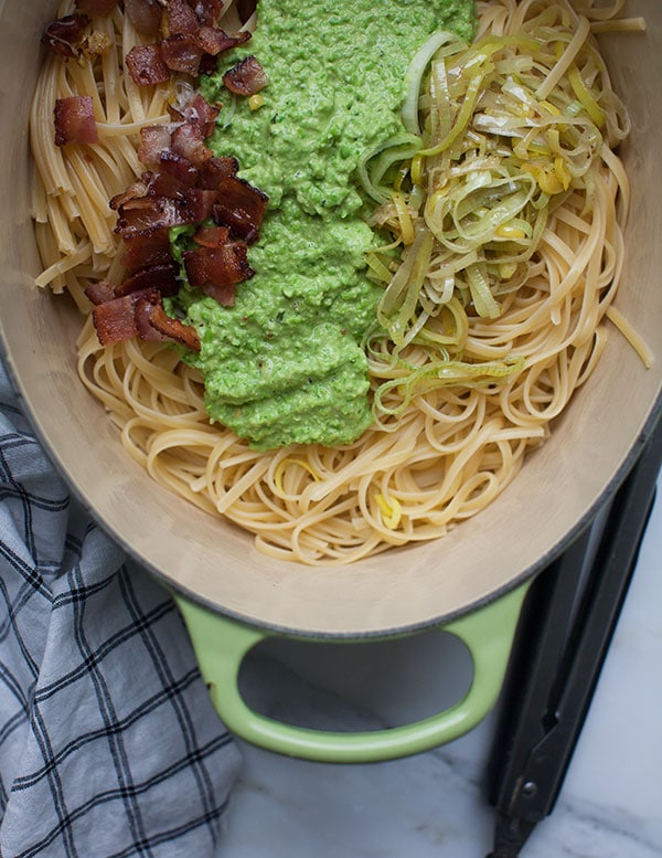 Spring Pea Pesto with Bacon and Leeks 