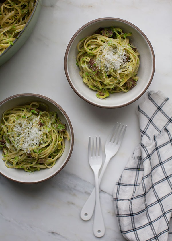 Spring Pea Pesto with Bacon and Leeks 