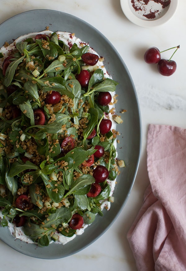 Cherry Purslane Salad with Lebneh and Crispy Freekeh