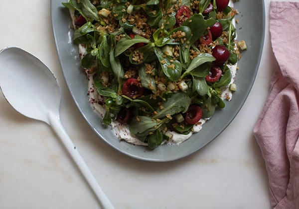 Cherry Purslane Salad with Lebneh and Crispy Frekkeh