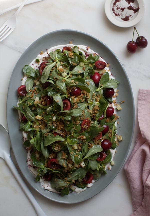 Cherry Purslane Salad with Lebneh and Crispy Freekeh