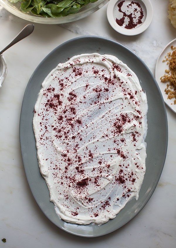 Cherry Purslane Salad with Lebneh and Crispy Freekeh