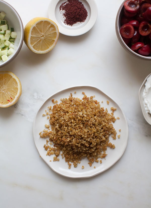 Cherry Purslane Salad with Lebneh and Crispy Freekeh