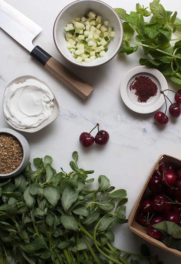 Cherry Purslane Salad with Lebneh and Crispy Freekeh