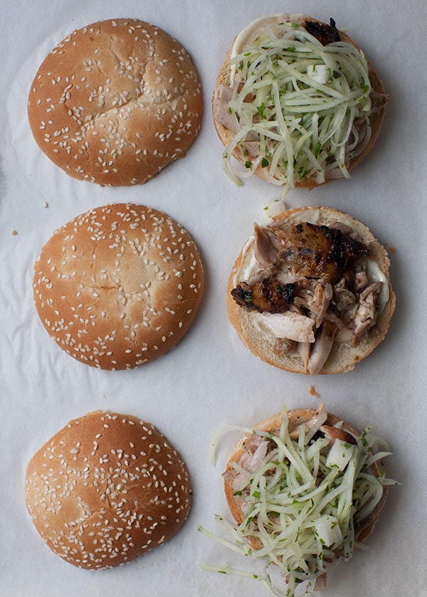 Jamaican Chicken sandwich assembly. 